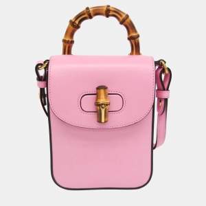 Pre Owned Gucci Pink Leather Bamboo Backpack Handbag Shoulder Bag 