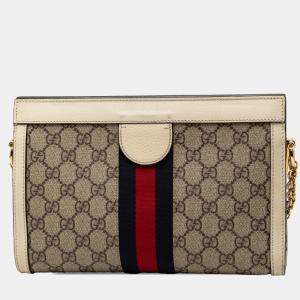 Pre Owned Gucci Brown Small GG Supreme Web Ophidia Chain Crossbody