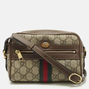 Pre Owned Gucci Ophidia Mini Beige/Brown GG Supreme Canvas and Leather Crossbody Bag
