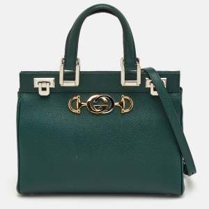 Pre Owned Gucci Zumi Small Dark Green Grain Leather Interlocking G Horsebit Tote