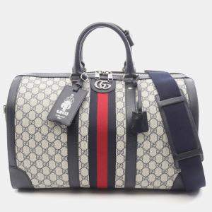 Pre Owned Gucci Medium Duffle Bag Gg Supreme Boston Coated Canvas And Leather Ivory Navy