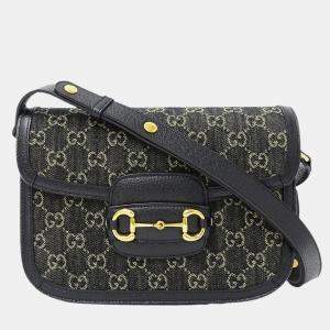 Pre Owned Gucci Horsebit 1955 Denim Shoulder Bag Black