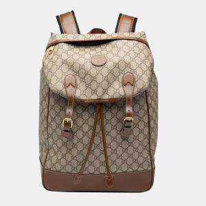 Pre Owned Gucci Gg Supreme Interlocking G Backpack Brown Leather