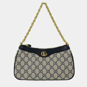 Pre Owned Gucci Ophidia Handbag Shoulder 2Way Pvc Small Navy Beige Gg Supreme Plus Animalier Charm Bee