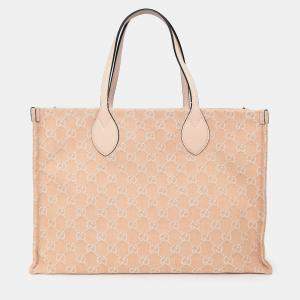 Pre Owned Gucci Beige Monogram Denim Ophidia Large Shopper Tote with Pouch