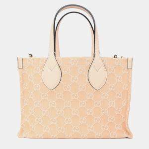 Pre Owned Gucci Beige Monogram Denim Ophidia Medium Shopper Tote with Strap + Pouch