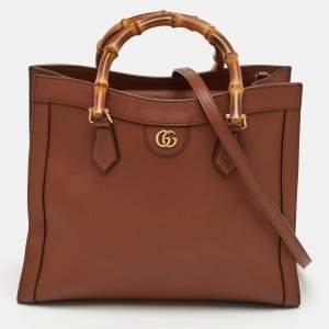 Pre Owned Gucci Bamboo Diana Medium Brown Leather Tote