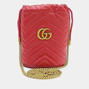 Pre Owned Gucci Red Leather GG Marmont Mini Bucket Bag (575163)