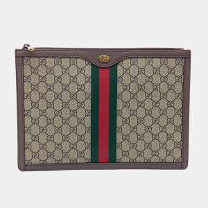 Pre Owned Gucci Beige, Brown Canvas Supreme Portfolio Clutch (523359)