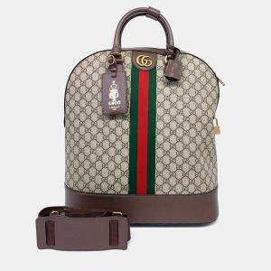 Pre Owned Gucci Beige, Brown Coated Canvas Ophidia Savoy Bowling Bag (724654)