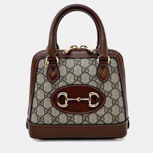 Pre Owned Gucci Beige, Brown Coated Canvas Horsebit 1955 Mini Top Handle Bag