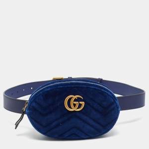 Pre Owned Gucci GG Marmont Blue Matelassé Velvet Belt Bag