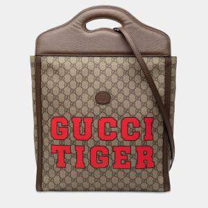 Pre Owned Gucci Brown GG Supreme Web Tiger Satchel