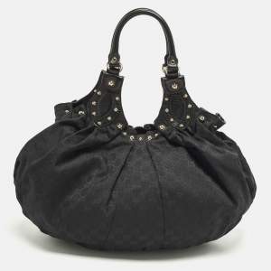 مملوكة مسبقًا Gucci Pelham Studded Black GG Canvas and Leather Hobo