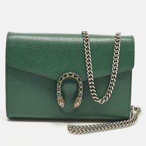 Pre Owned Gucci Crystal Dionysus Green Leather Wallet On Chain