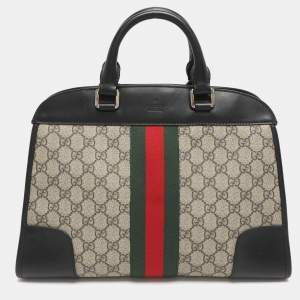 Pre Owned Gucci Vintage Web Beige/Black GG Supreme Coated Canvas and Leather Satchel
