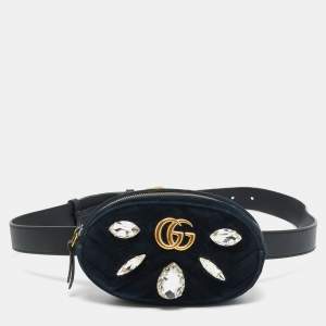 Pre Owned Gucci GG Marmont Crystals Black Matelassé Velvet and Leather Belt Bag