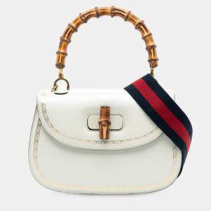 مملوكة مسبقًا Gucci White Calfskin Frame Print Bamboo Top Handle Bag