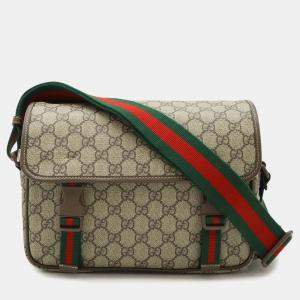 Pre Owned Gucci Gg Supreme Sherry Line Bag Shoulder Pvc Beige Mocha Brown Green Red
