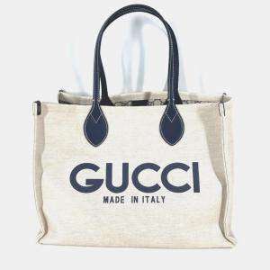 Pre Owned Gucci Logo Print Shoulder Bag/Tote Bag Canvas/Leather Beige/Black