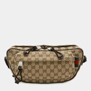 Pre Owned Gucci Gg Canvas Large Sling Bag Body Waist Crossbody Beige Dark Brown