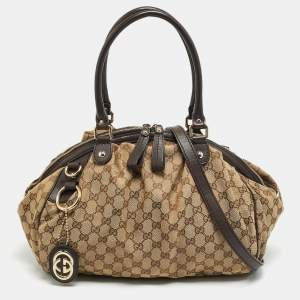 Pre Owned Gucci Sukey Medium Dark Brown/Beige GG Canvas Satchel