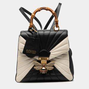 مملوكة مسبقًا Gucci Black White Bicolor Calfskin Bamboo Trapuntata Queen Margaret Backpack