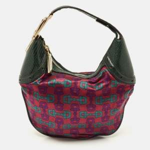 Pre Owned Gucci Glam Green Horsebit Print Satin and Lizard Hobo