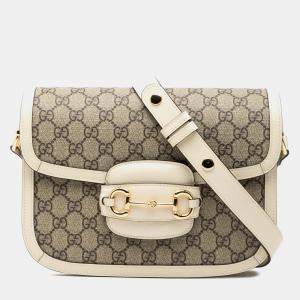 Pre Owned Gucci Brown Medium GG Supreme Horsebit 1955 Shoulder Bag