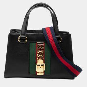 Pre Owned Gucci Black Leather Sylvie Web Top Handle Satchel