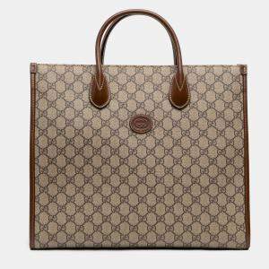 Pre Owned Gucci Brown Medium GG Supreme Azalea Calfskin Retro Interlocking G Tote