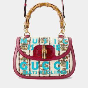 Pre Owned Gucci Music Is Mine Bamboo 3Way Handbag Red/Ivory Leather Canvas Size Medium
