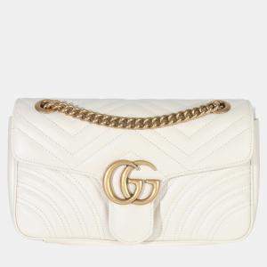 Pre Owned Gucci White Calfskin Matelasse Medium GG Marmont Shoulder Bag