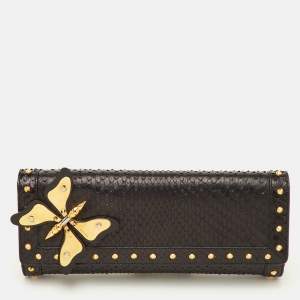 Pre Owned Gucci Broadway Butterfly Python Black Clutch