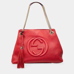 Pre Owned Gucci Red Medium Leather Soho Chain Tote