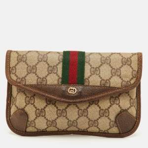 Pre Owned Gucci Web Beige GG Supreme Canvas and Leather Clutch