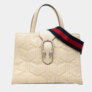 Pre Owned Gucci White Quilted Leather Dionysus Web Satchel