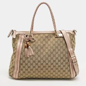 Pre Owned Gucci Bella Metallic Pink/Beige GG Canvas and Leather Tote