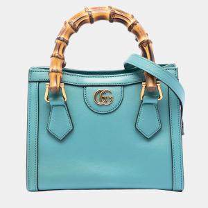 Pre Owned Gucci Blue Mini Calfskin Bamboo Diana Satchel