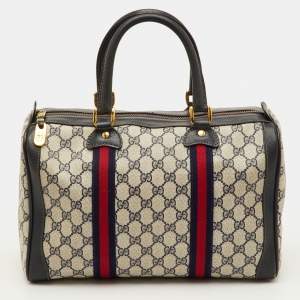 Pre Owned Gucci Vintage Web Medium Beige/Navy Blue GG Supreme Canvas Boston Bag