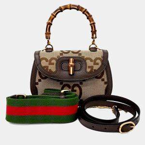 Pre Owned Gucci Brown Bamboo and Fabric Bamboo 1947 Small Top Handle Bag