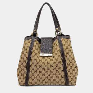 Pre Owned Gucci Beige Jacquard and Leather Jacquard Tote Bag