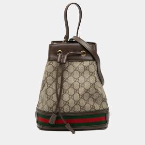 Pre Owned Gucci Brown Small GG Supreme Ophidia Web Bucket Bag