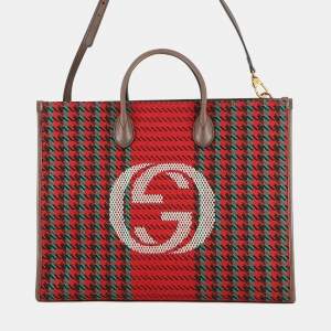 Pre Owned Gucci Interlocking G Tote Bag Red/Brown/Multicolor Tweed Leather
