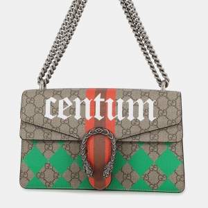 Pre Owned Gucci Dionysus Chain shoulder Bag Beige/Red/Green Leather Gg Supreme Size Small