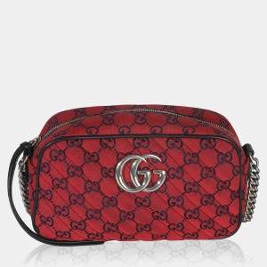 Pre Owned Gucci GG Marmont Small Red GG Diagonal Quilted Canvas Camera Bag