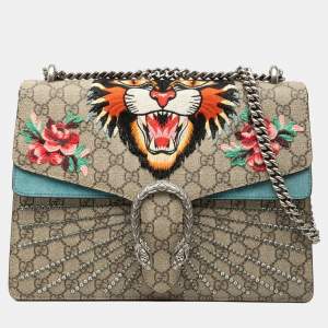 Pre Owned Gucci Brown Medium GG Supreme Embroidered Angry Cat Dionysus Shoulder Bag