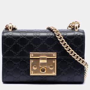 Pre Owned Gucci Black Small Guccissima Padlock Crossbody