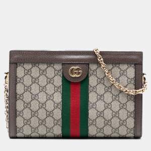 مملوكة مسبقًا Gucci Brown Small GG Supreme Web Ophidia Chain Crossbody