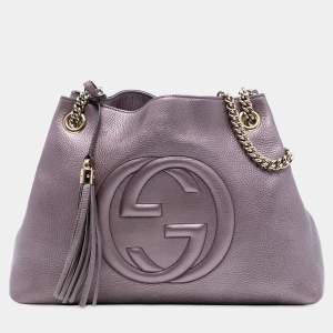 Pre Owned Gucci Purple Medium Metallic Leather Soho Chain Tote